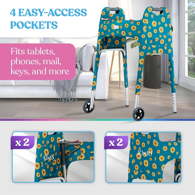 Jover – Walker Covers (Sunflowers) – Colorful Fabric Cover for Standard Folding Walker Mobility Aid with Pockets, Easy Fit Senior Walker Accessories, Washable Polyester, + Matching Storage Bag - Image 4